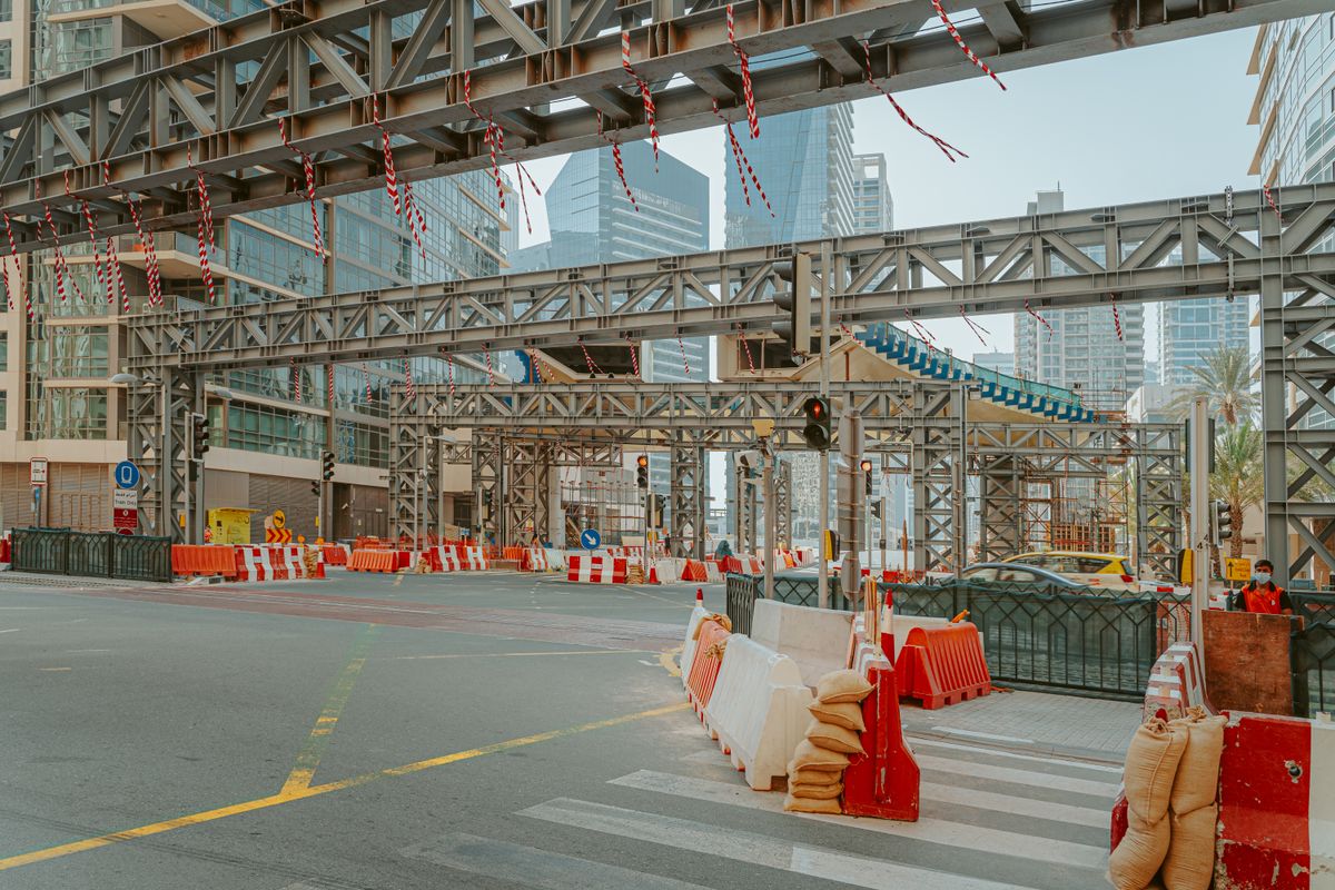 Urban infrastructure and road construction with steel structures in Dubai.
